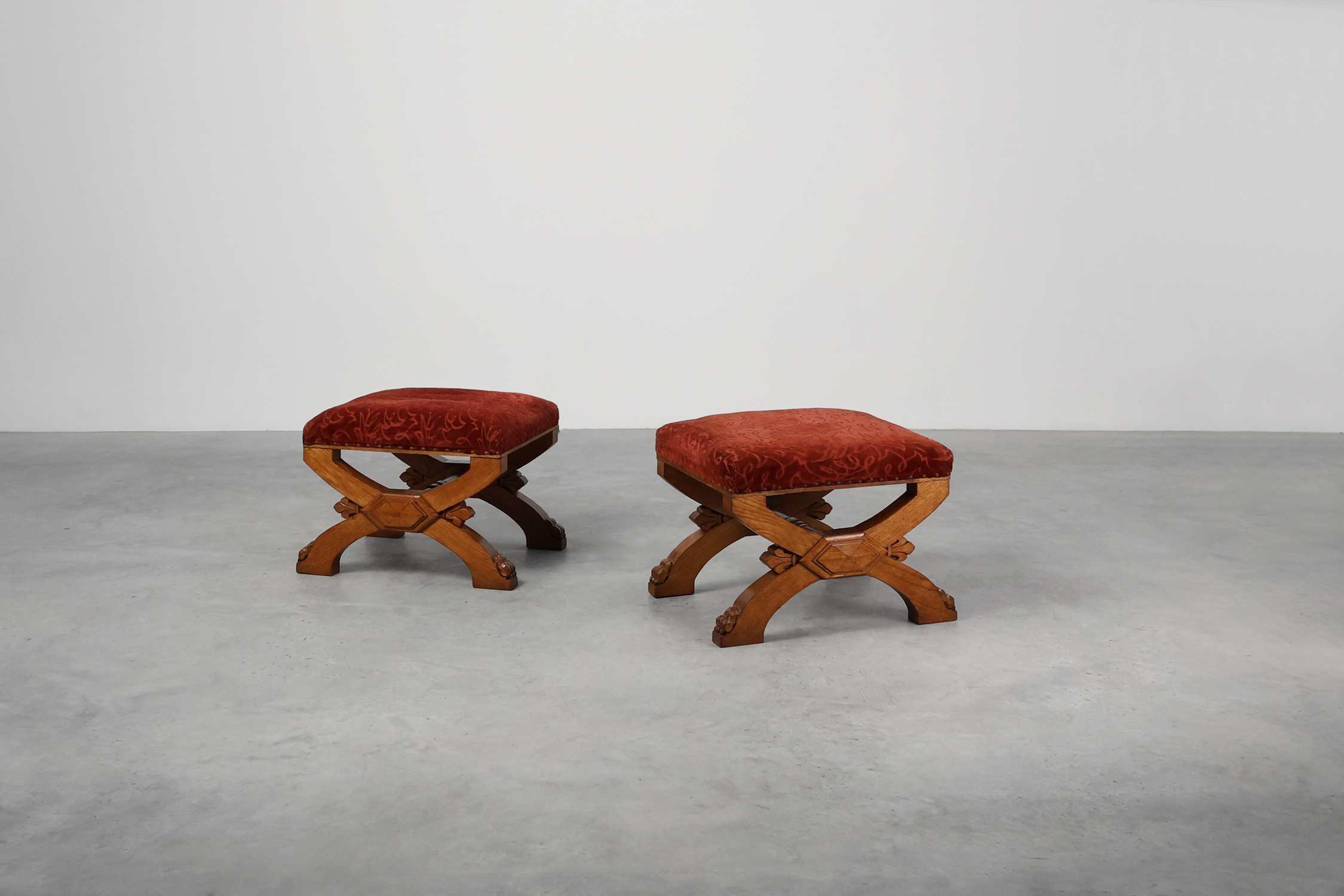 Pair of Flemish Gothic Revival Oak Footstools, Belgium, 19th Centurythumbnail